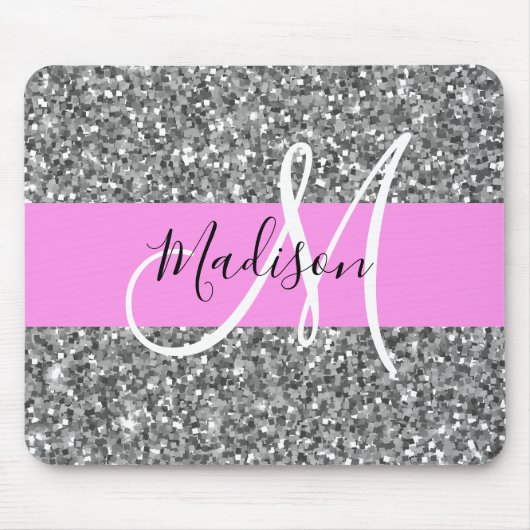 Glam Pink und Silver Glitzer Glitzern Monogram Nam Mousepad (Vorne)