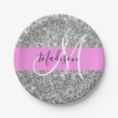 Glam Pink und Silver Glitzer Glitzern Monogram Nam Pappteller (Vorderseite)