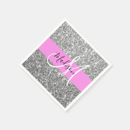 Glam Pink und Silver Glitzer Glitzern Monogram Nam Serviette (Ecke)