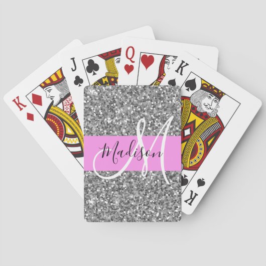 Glam Pink und Silver Glitzer Glitzern Monogram Nam Spielkarten (Rückseite)