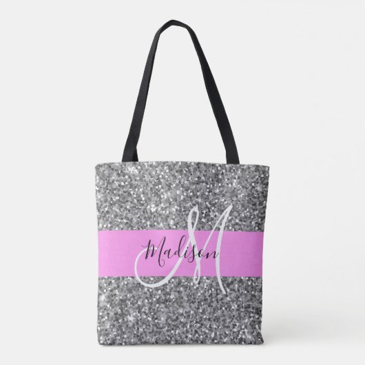 Glam Pink und Silver Glitzer Glitzern Monogram Nam Tasche (Rückseite)