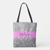 Glam Pink und Silver Glitzer Glitzern Monogram Nam Tasche (Rückseite)