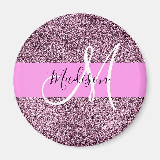 Glam Pink- und Violett-Glitter-Monogramm-Name Magnet (Vorne)