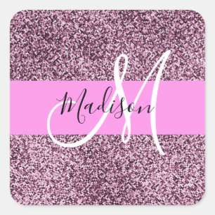 Glam Pink- und Violett-Glitter-Monogramm-Name Quadratischer Aufkleber