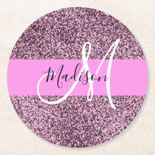 Glam Pink- und Violett-Glitter-Monogramm-Name Runder Pappuntersetzer