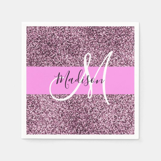 Glam Pink- und Violett-Glitter-Monogramm-Name Serviette (Vorderseite)