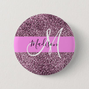Glam Pink & Violet Glitzer Glitzern Monogram Name Button