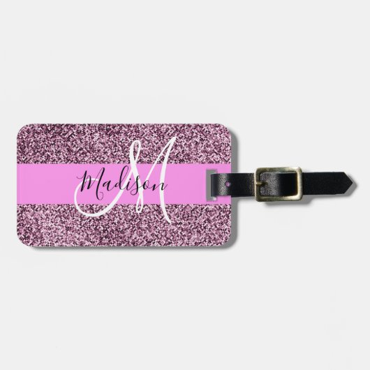 Glam Pink & Violet Glitzer Glitzern Monogram Name Gepäckanhänger (Vorderseite horizontal)
