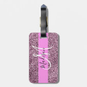 Glam Pink & Violet Glitzer Glitzern Monogram Name Gepäckanhänger (Rückseite vertikal)