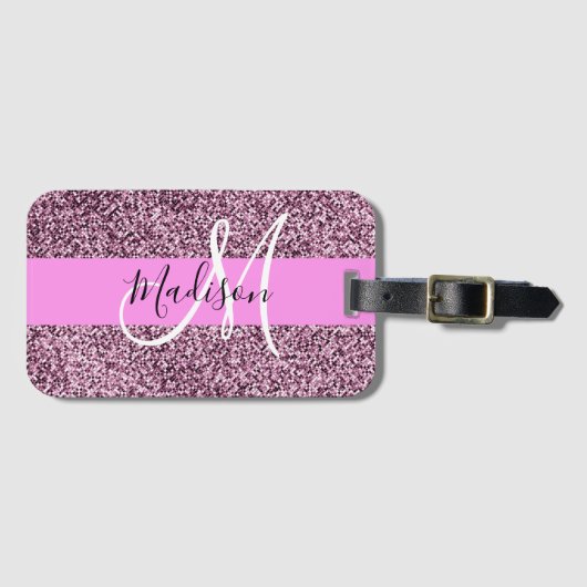 Glam Pink & Violet Glitzer Glitzern Monogram Name Gepäckanhänger (Vorderseite (Horizontal))