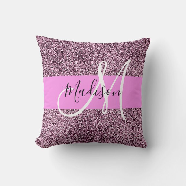 Glam Pink & Violet Glitzer Glitzern Monogram Name Kissen (Vorderseite)