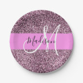 Glam Pink & Violet Glitzer Glitzern Monogram Name Pappteller (Vorderseite)