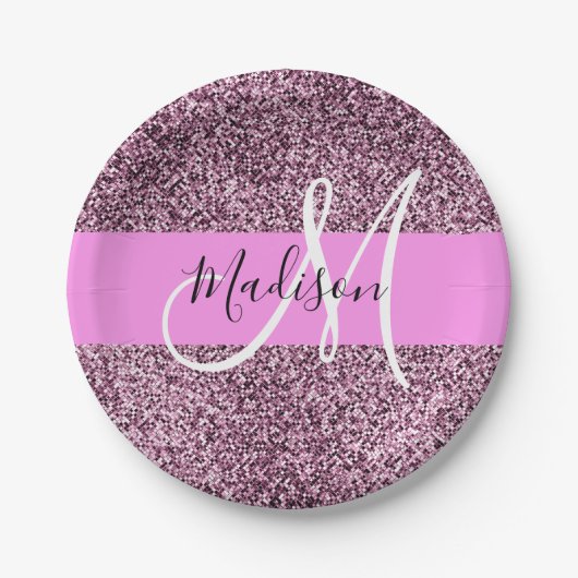 Glam Pink & Violet Glitzer Glitzern Monogram Name Pappteller (Vorderseite)