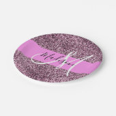 Glam Pink & Violet Glitzer Glitzern Monogram Name Pappteller (Schrägansicht)