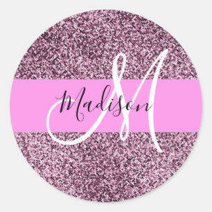 Glam Pink & Violet Glitzer Glitzern Monogram Name Runder Aufkleber