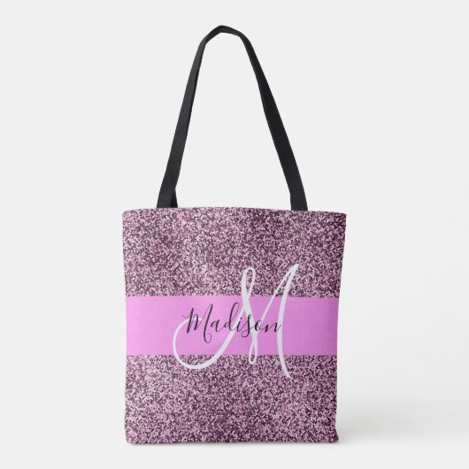 Glam Pink & Violet Glitzer Glitzern Monogram Name Tasche (Rückseite)