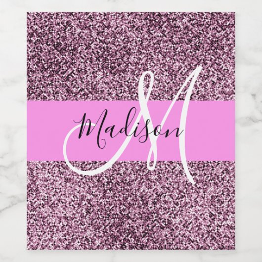 Glam Pink & Violet Glitzer Glitzern Monogram Name Weinetikett (Einzelnes Label)