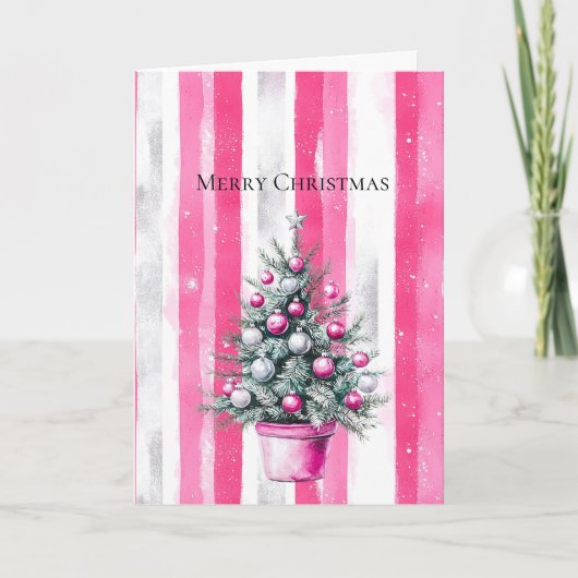 Glam Pink White Christmas Tree Stripes Karte (Vorderseite)