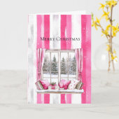 Glam Pink White Christmas Tree Window Stripes Karte (Gelbe Blume)
