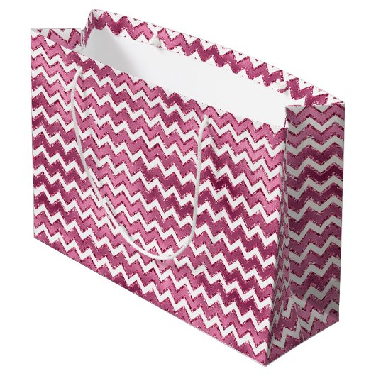 Glam Pink White Zigzag Streifen Große Geschenktüte (Rückseite Schrägansicht)