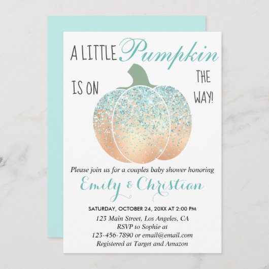 Glam Pumpkin Aqua Turquoise Glitzer Babydusche Einladung (Vorne/Hinten)