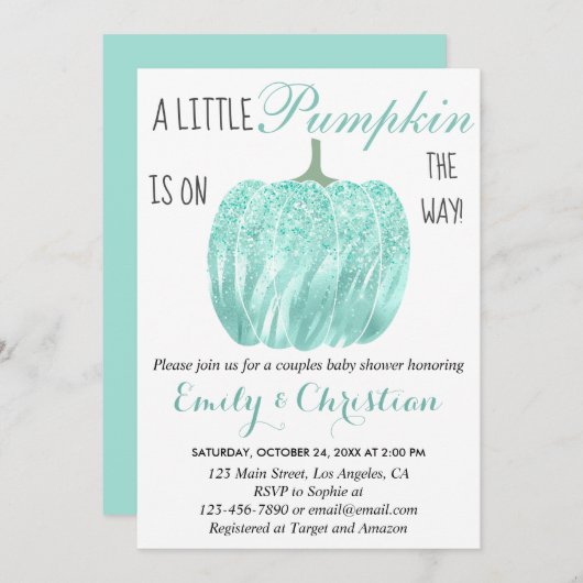 Glam Pumpkin Aqua Turquoise Glitzer Babydusche Einladung (Vorne/Hinten)