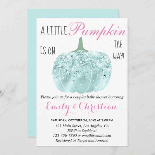 Glam Pumpkin Aqua Turquoise Glitzer Babydusche Einladung (Vorne/Hinten)