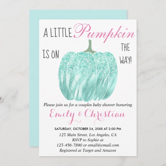 Glam Pumpkin Aqua Turquoise Glitzer Babydusche Einladung (Vorne/Hinten)