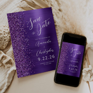 Glam Purple Brushed Metal Schrift Save the Date Ankündigung