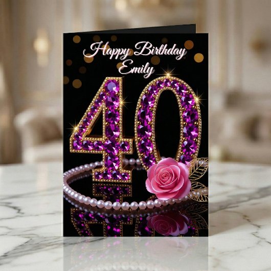 Glam Purple Diamonds Pearls Rose 40th Birthday Karte