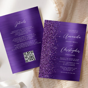 Glam Purpur Metall QR Code Hochzeit Einladung