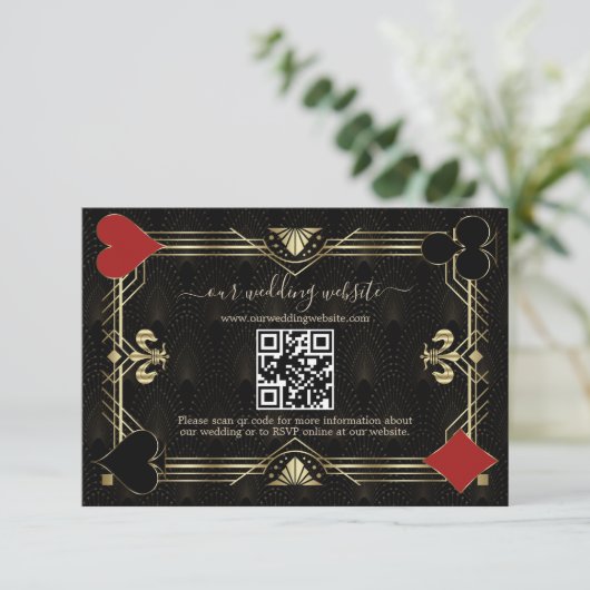 Glam QR Code Black Gold Art Deco Hochzeit RSVP Karte (Stehend Vorderseite)