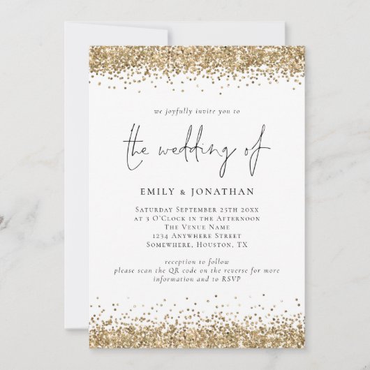 Glam QR Code Gold Glitzer Borders Wedding Einladung (Vorderseite)