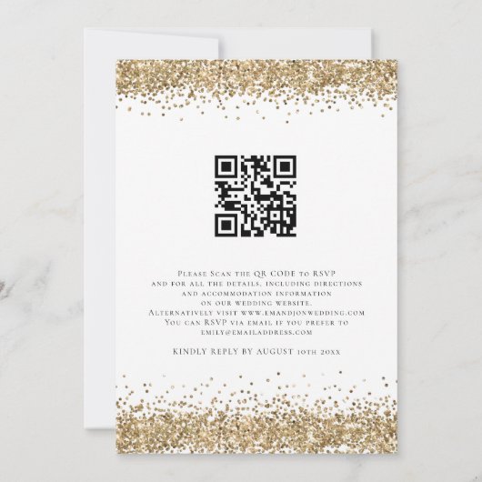 Glam QR Code Gold Glitzer Borders Wedding Einladung (Rückseite)