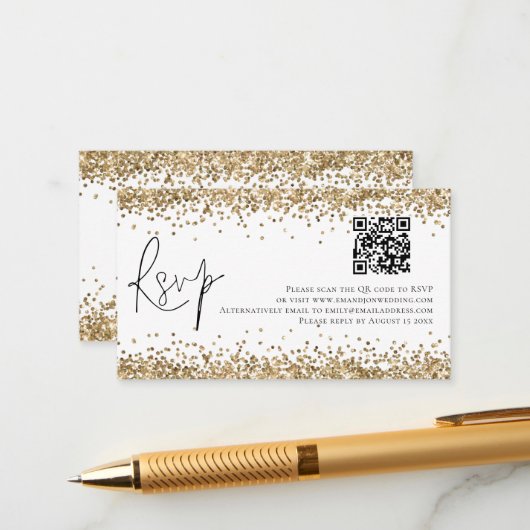 Glam QR Code Gold Glitzer Wedding RSVP Begleitkarte (Vorderseite/Rückseite Beispiel)