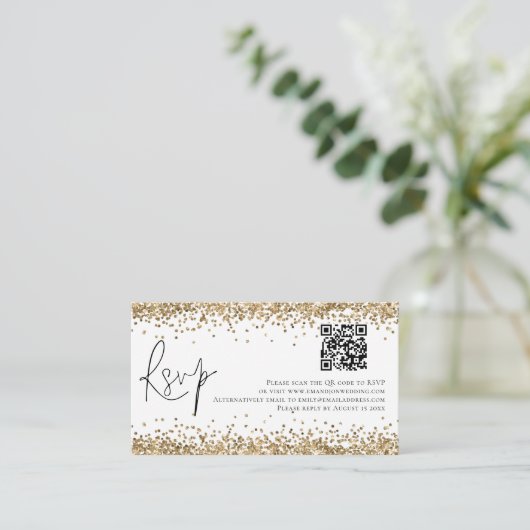 Glam QR Code Gold Glitzer Wedding RSVP Begleitkarte (Stehend Vorderseite)