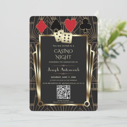 Glam QR Code Las Vegas Casino Night Abschluss Einladung (Stehend Vorderseite)