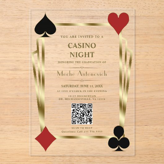 Glam QR Code Vegas Casino Night Man Abschluss Acryleinladungen (Vorderseite)