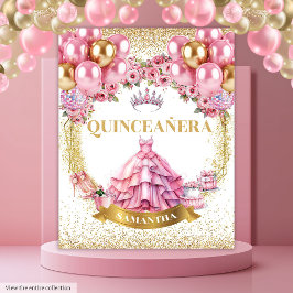 Glam Quinceañera Hintergrund Rosa Kleid Gold Tiara Wandteppich