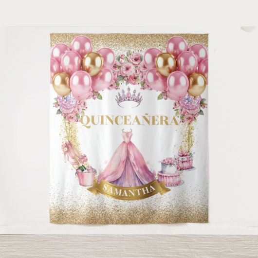 Glam Quinceañera Hintergrund Rosa Kleid Gold Tiara Wandteppich (Vorderseite)