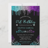 Glam Rainbow Glitzer 21. Geburtstag Einladung (Vorderseite)