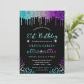 Glam Rainbow Glitzer 21. Geburtstag Einladung (Stehend Vorderseite)