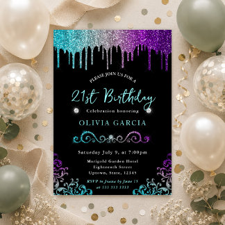 Glam Rainbow Glitzer 21. Geburtstag Einladung