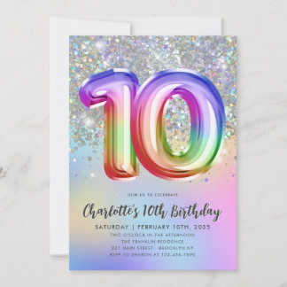 Glam Rainbow Glitzer Foil Ballon 10. Geburtstag Einladung