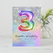 Glam Rainbow Glitzer Foil Pastel Girl 3. Geburtsta Einladung (Stehend Vorderseite)