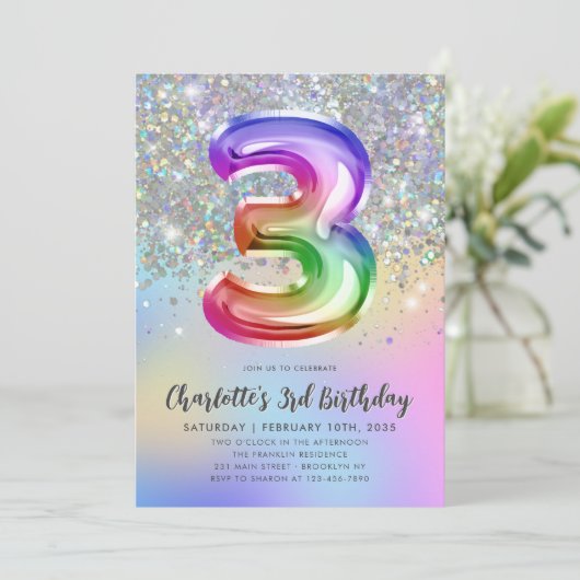 Glam Rainbow Glitzer Foil Pastel Girl 3. Geburtsta Einladung (Stehend Vorderseite)