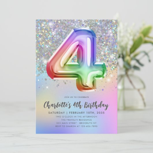Glam Rainbow Glitzer Foil Pastel Girl 4. Geburtsta Einladung (Stehend Vorderseite)