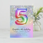 Glam Rainbow Glitzer Foil Pastel Girl 5. Geburtsta Einladung (Stehend Vorderseite)
