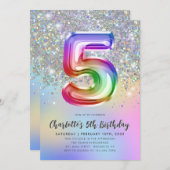 Glam Rainbow Glitzer Foil Pastel Girl 5. Geburtsta Einladung (Vorne/Hinten)
