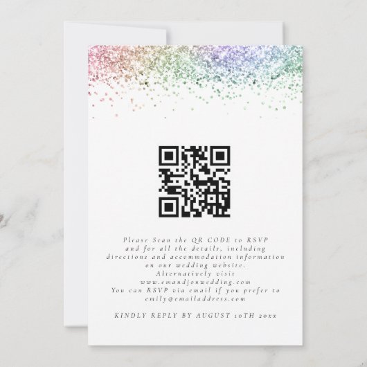 Glam Rainbow Glitzer QR Code Wedding Einladung (Rückseite)